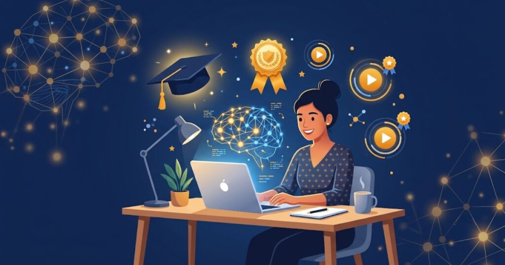 Student learning free AI and machine learning courses online with certificates
