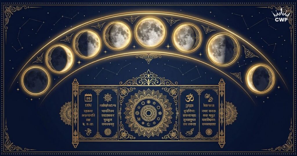 Elegant illustration of moon phases above a stylized Hindu Panchang calendar for the Aaj Ki Tithi guide