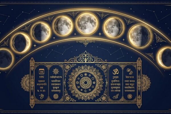 Elegant illustration of moon phases above a stylized Hindu Panchang calendar for the Aaj Ki Tithi guide