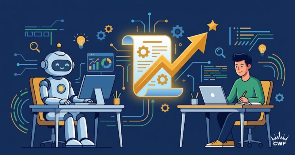 AI robot and human writer collaborating on content that ranks in search