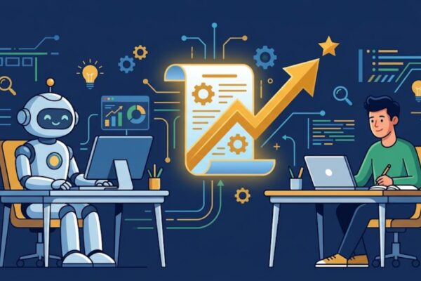 AI robot and human writer collaborating on content that ranks in search