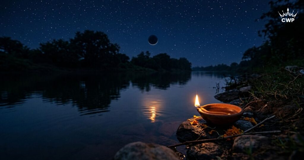 Tranquil starry night with a lone glowing diya on a riverbank, symbolizing Amavasya 2026 dates