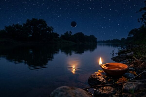 Tranquil starry night with a lone glowing diya on a riverbank, symbolizing Amavasya 2026 dates