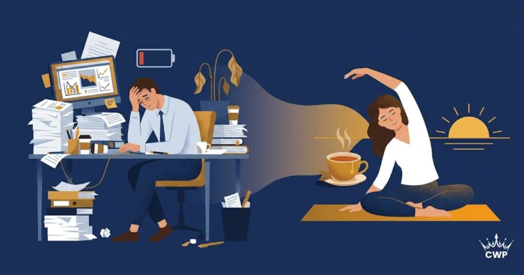 Occupational burnout recovery - exhausted professional moving toward calm and balance