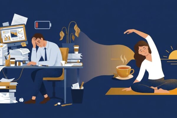 Occupational burnout recovery - exhausted professional moving toward calm and balance