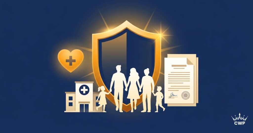 Health insurance protection shield over a family with medical benefits