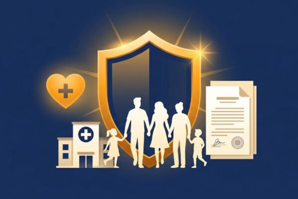 Health insurance protection shield over a family with medical benefits