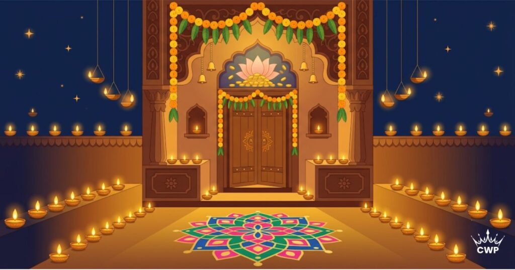 Diwali decorated home entrance with diyas, rangoli and prosperity motifs