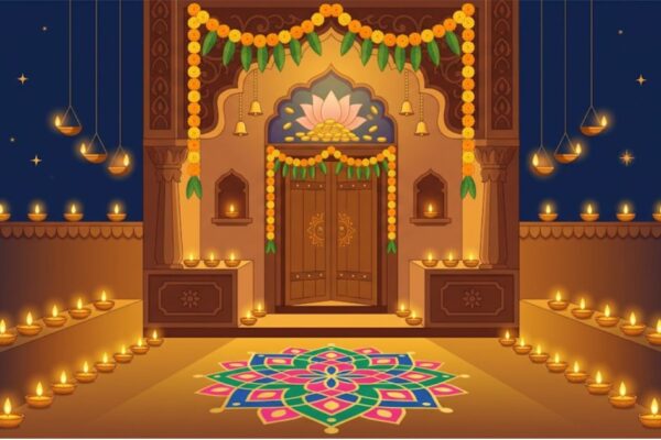 Diwali decorated home entrance with diyas, rangoli and prosperity motifs