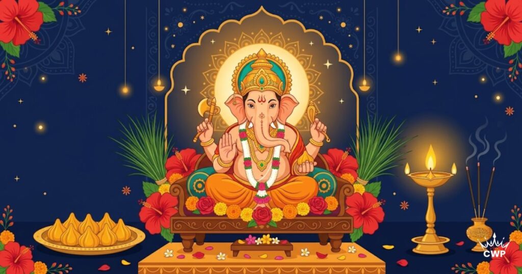 Lord Ganesha idol with flowers, modak and diya during Ganesh Chaturthi puja
