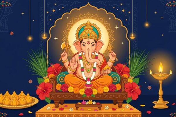 Lord Ganesha idol with flowers, modak and diya during Ganesh Chaturthi puja