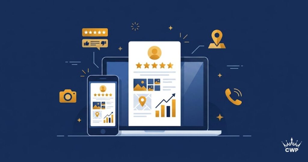 Optimised Google Business Profile showing reviews, photos and rising leads