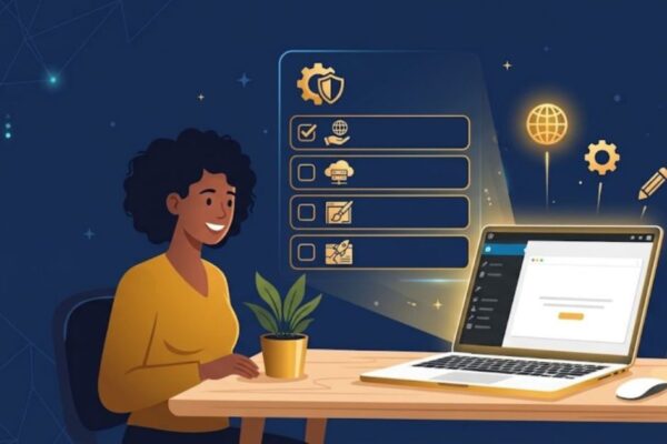 Beginner starting a WordPress blog on a laptop with a setup checklist