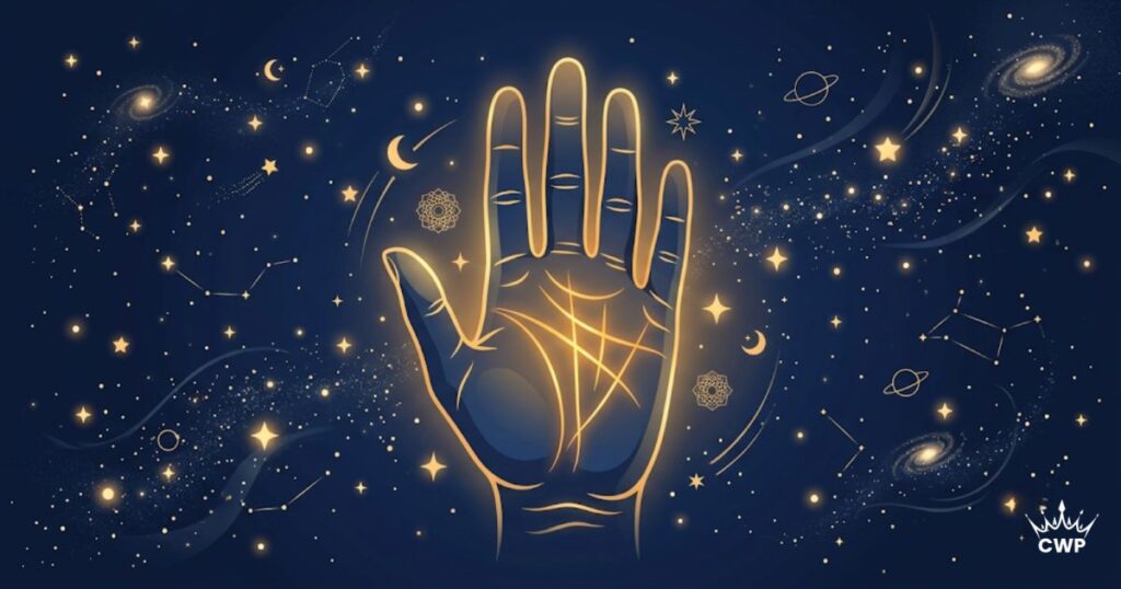Open palm with glowing heart, head and life lines in palmistry