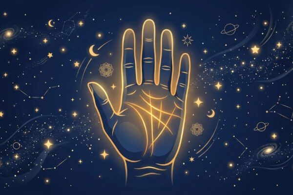 Open palm with glowing heart, head and life lines in palmistry