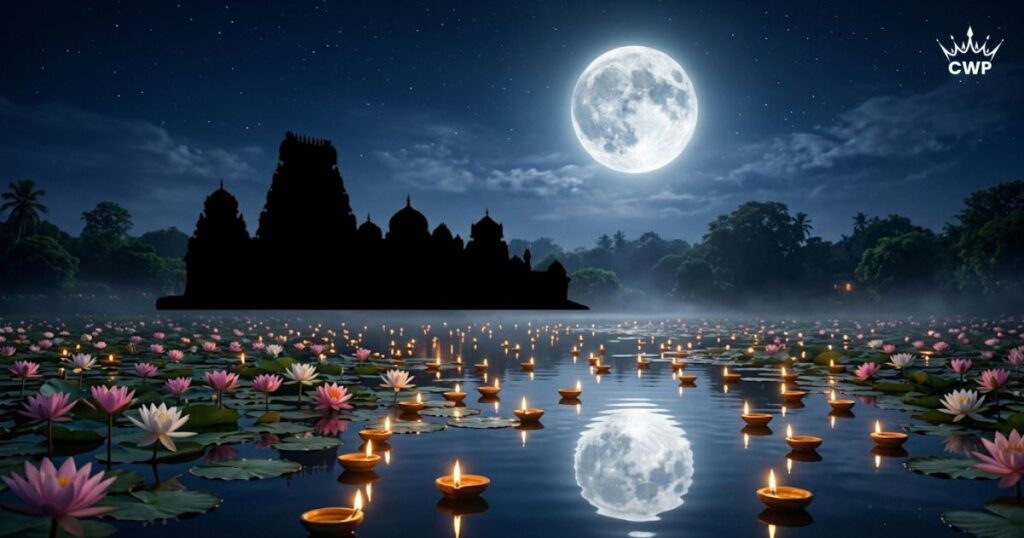 Serene full moon glowing over an Indian temple and lotus pond with floating diyas, representing Purnima 2026 dates
