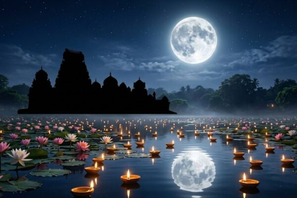 Serene full moon glowing over an Indian temple and lotus pond with floating diyas, representing Purnima 2026 dates