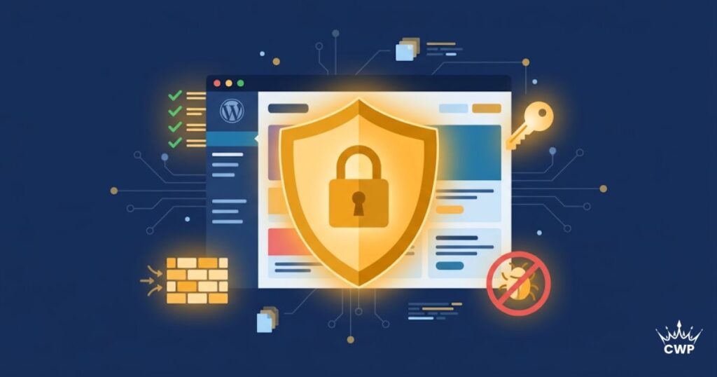 WordPress security shield protecting a website with a checklist of steps