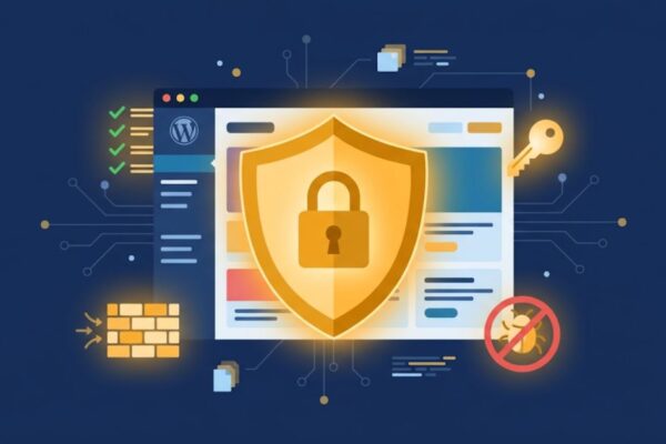 WordPress security shield protecting a website with a checklist of steps