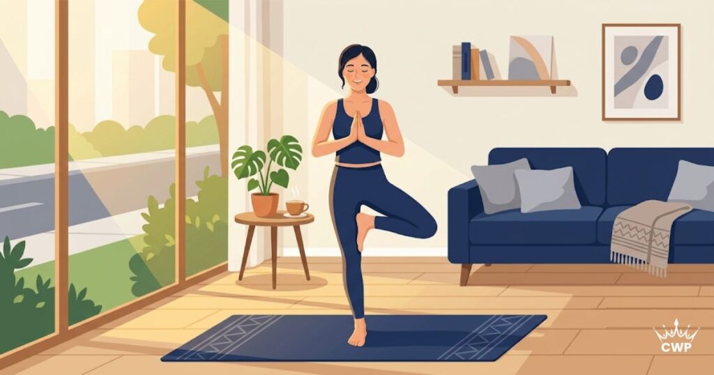 Woman doing a 15-minute morning yoga routine at home in soft sunlight