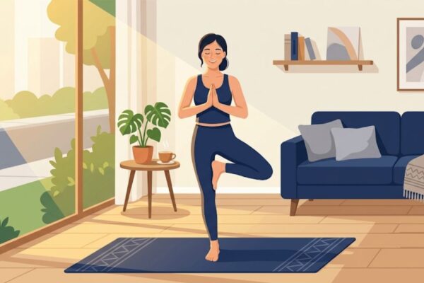 Woman doing a 15-minute morning yoga routine at home in soft sunlight